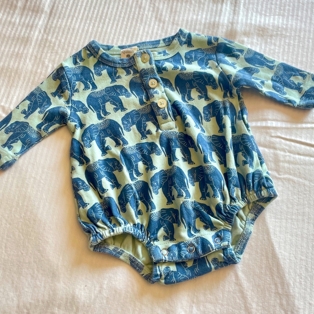 Kate Quinn long sleeve henley bubble blue elephant cotton interlock - 3-6m